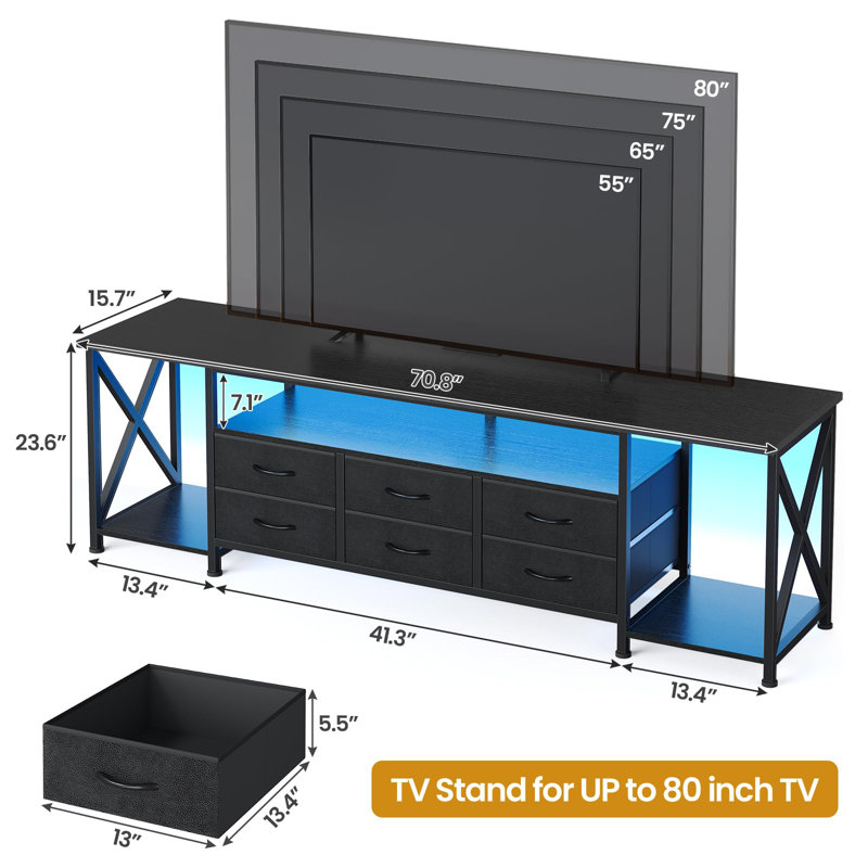 Tv Stand For Up To 80 Inch Tv With 6 Drawers And Charging Station, Black