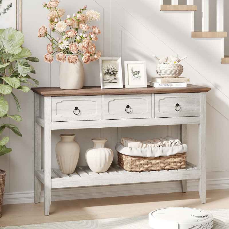 Rustic Entryway Table With Large Storage Space, Brown, White