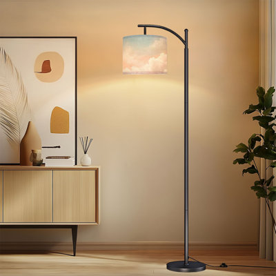 Lampe sur pied à arc avec abat-jour réglable, ciel pastel, nuages doux, rose clair, teintes bleues, lampe sur pied, 3 températures de couleur, intensité variable, grand mât avec interrupteur au pied pour la chambre à coucher