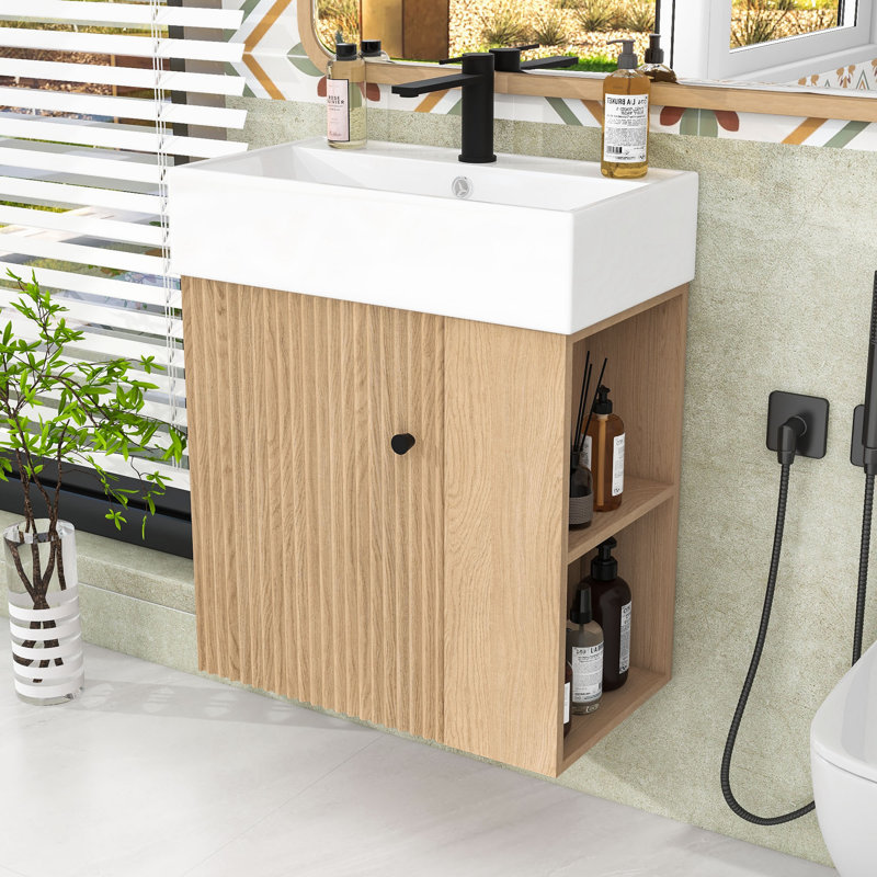 Chic Floating Bathroom Vanity with Ceramic Basin and Right-Side Storage, Wood