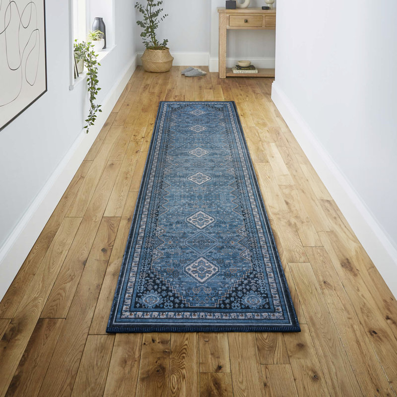 Dalyan Geometric Medallions Machine-Washable Blue/Gray Rug, Runner 2' x 8'