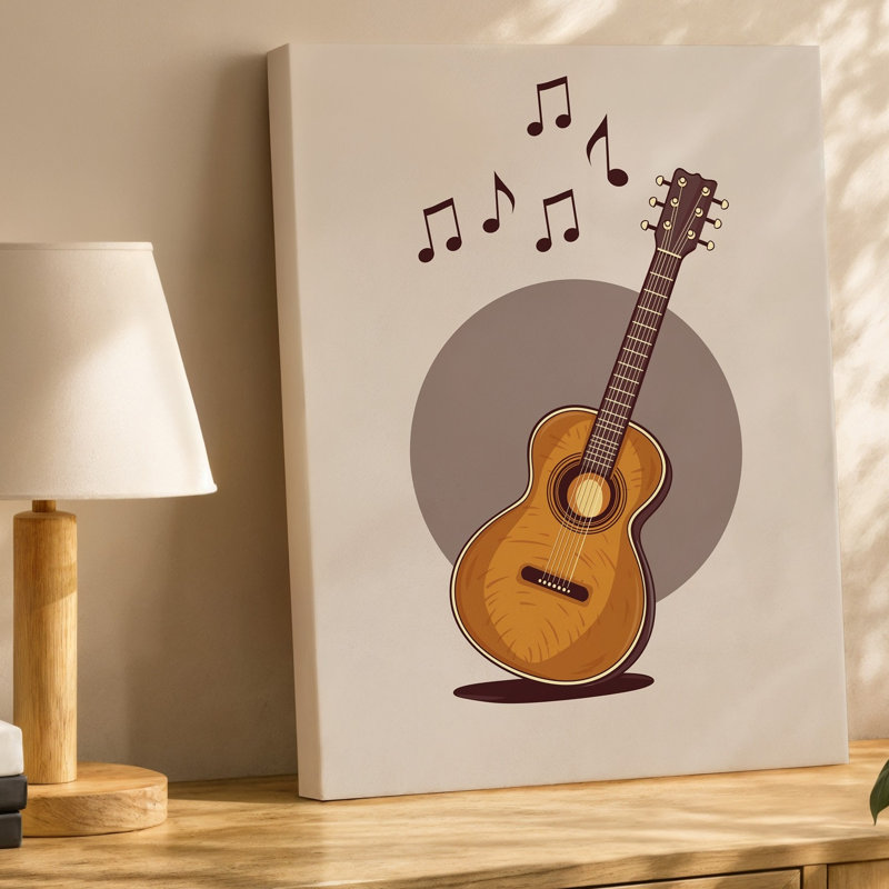 Toile, illustration fantaisiste d'une guitare acoustique centrée sur un art mural, fond beige doux avec une texture subtile