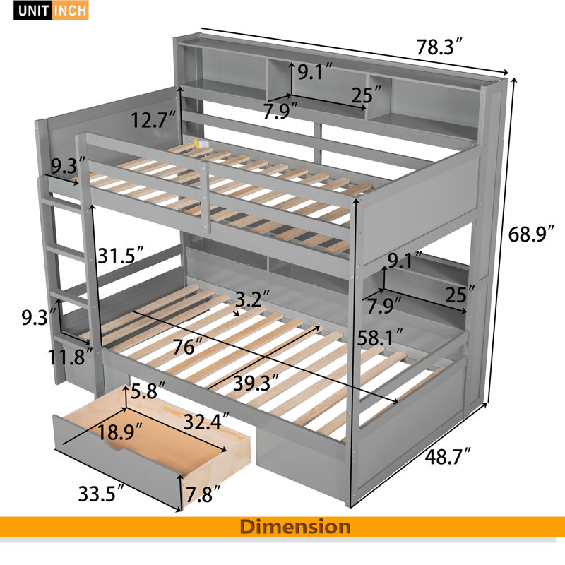 Lit superposé simple avec tablettes intégrées à côté des lits supérieur et inférieur, Gris
