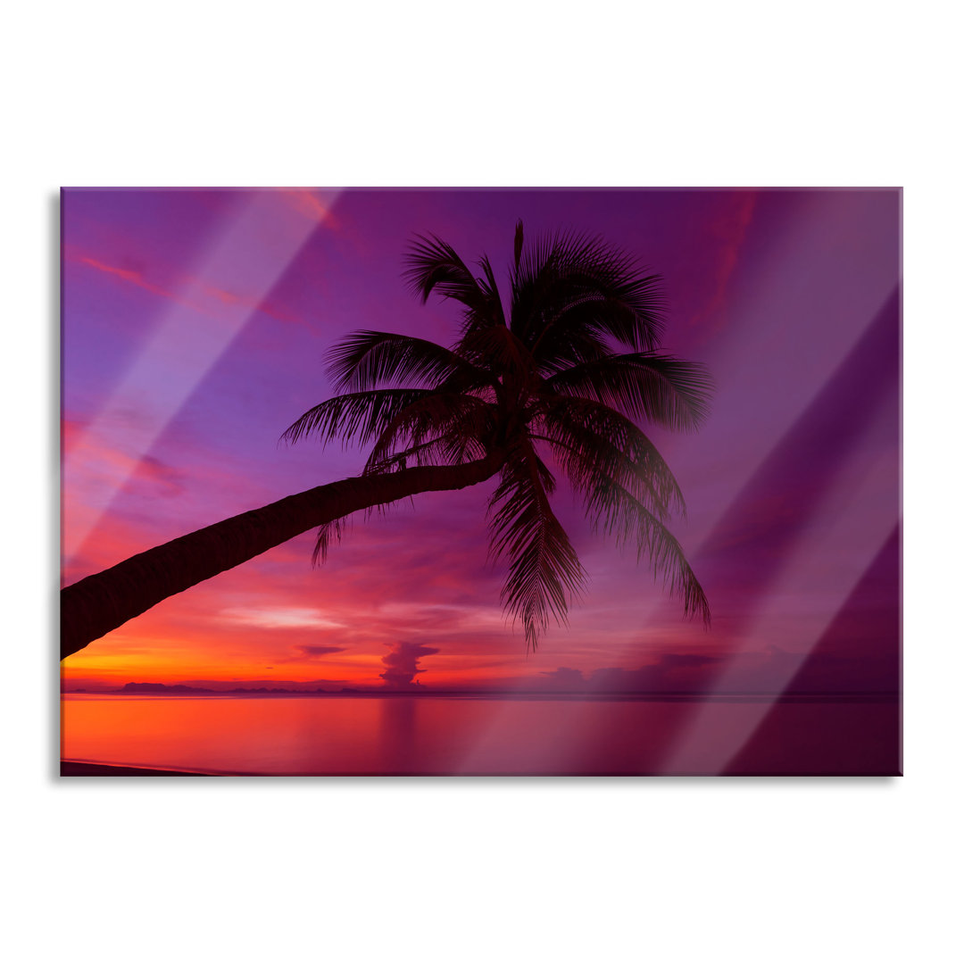 Glasbild Palme am Meer bei Sonnenuntergang