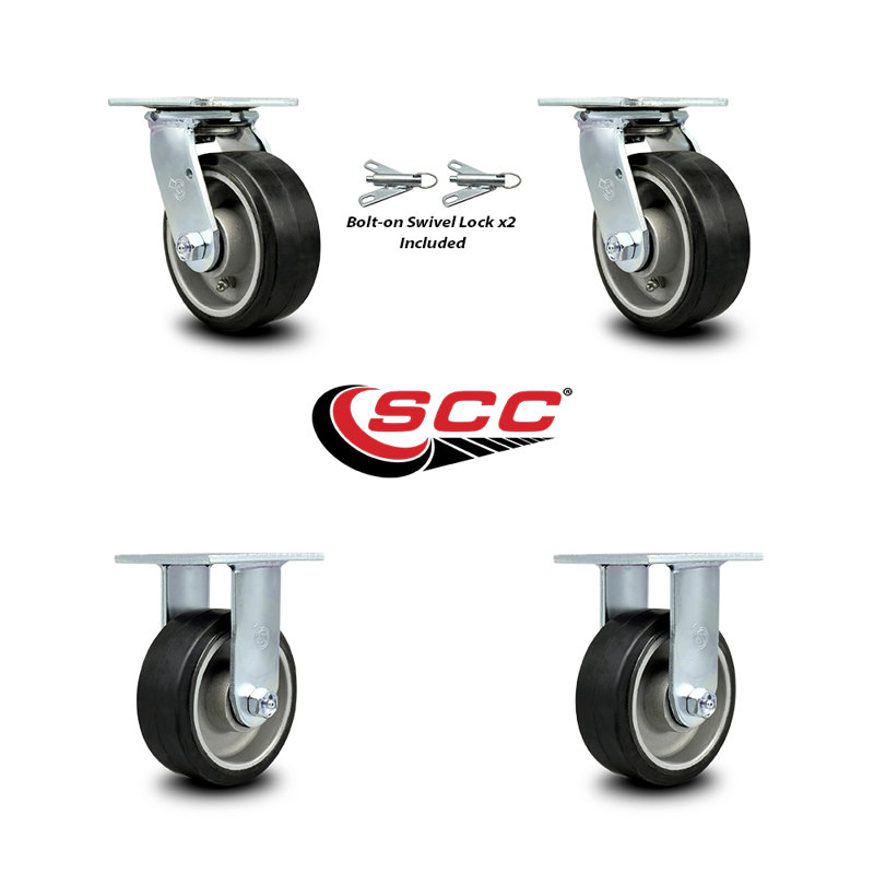 5 Inch Rubber on Aluminum Caster Set with Ball Bearings 2 Swivel Lock 2 Rigid|SCC-30CS520-RAB-BSL-2-R-2