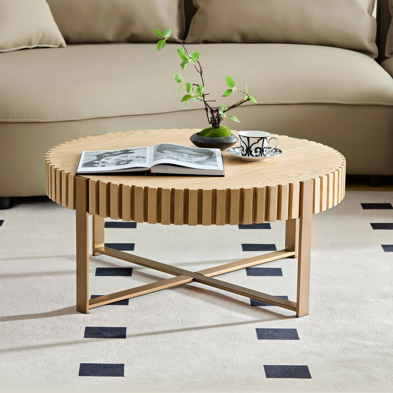Modern Handcraft Drum Coffee Table With Sturdy Pedestal , Versatile For Any Room., Natural, Golden