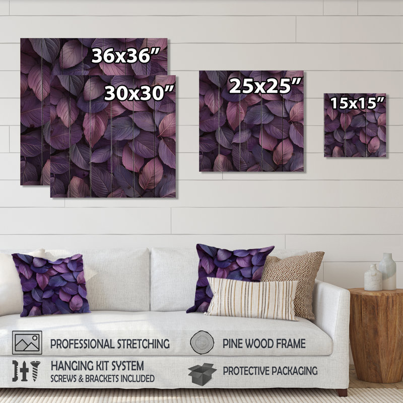 Plum Leaves Evening Collage I - Art mural en bois de feuilles - sur bois de pin naturel, H 15 po x l 15 po x P 0,78 po