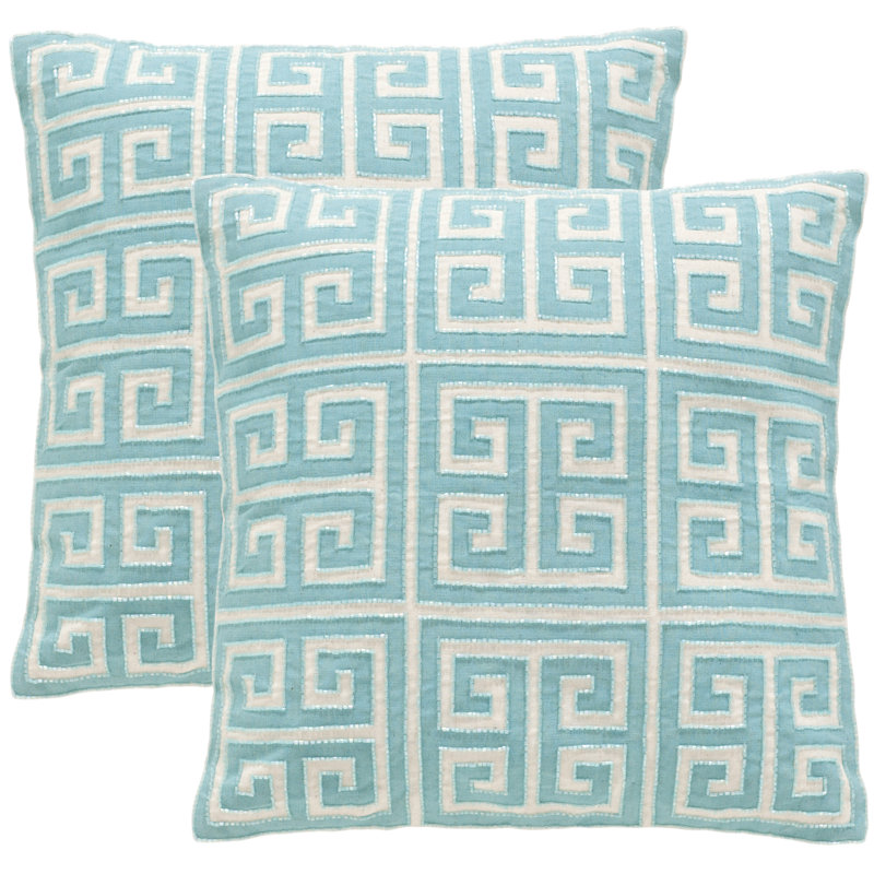 Embroidered Feather Throw Pillow, Aqua Blue