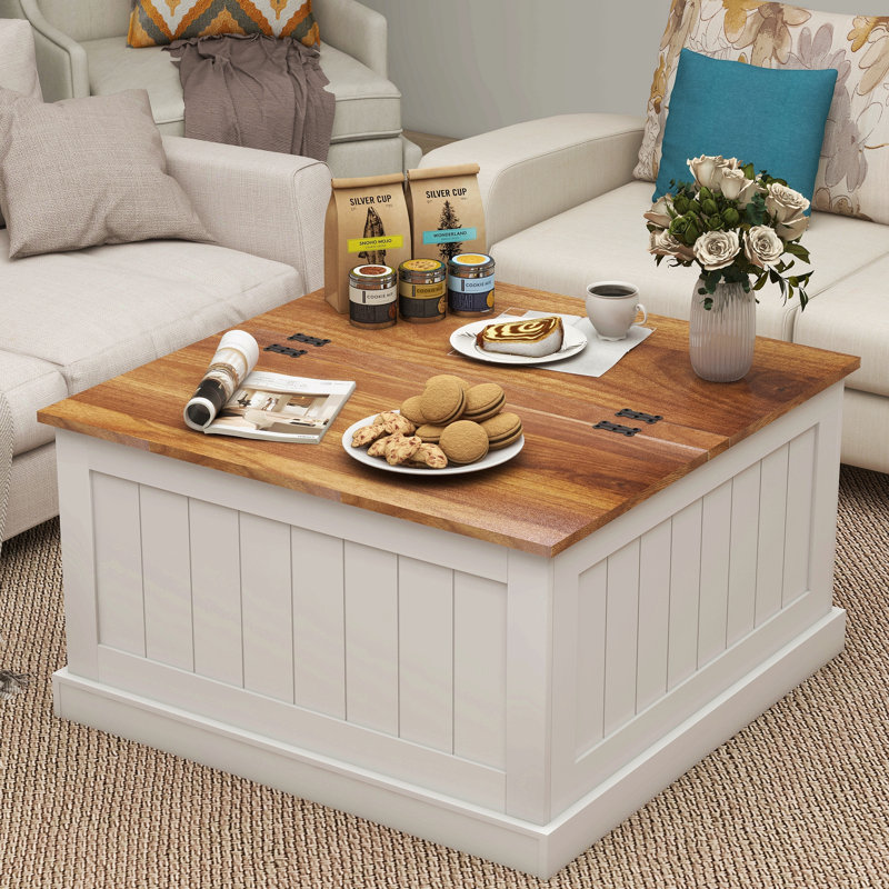 Table basse 31,5 "Farmhouse, table centrale carrée en bois avec plateau relevable à charnières, table de cocktail rustique avec grand rangement dissimulé pour le salon - blanc