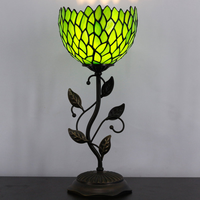 Tiffany Lamp Stained Glass Table Lamp Uplight Accent Lamp with Metal Leaf Base Green Wisteria Style