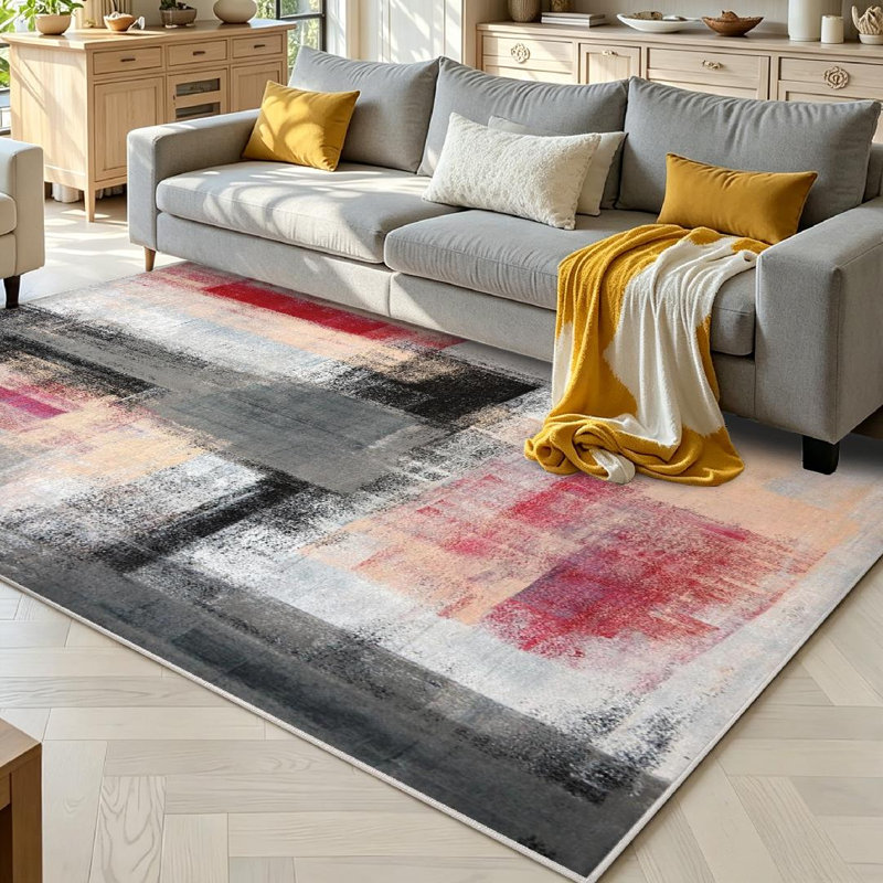 Tapis d'intérieur beige, lavable à la machine, peinture d'art abstrait gris et rouge, Rectangle 71 po x 98 po