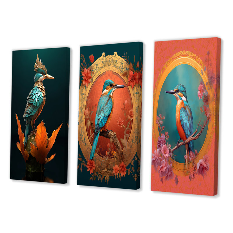 Blue Kingfisher Nature Photography - Animals Bird Art Set Of 3 Pieces, Toile tendue, H 32 po x l 48 po