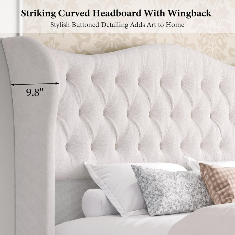 King Size Velvet Upholstered Sleigh Bed with Scroll Wingback Headboard-White, King