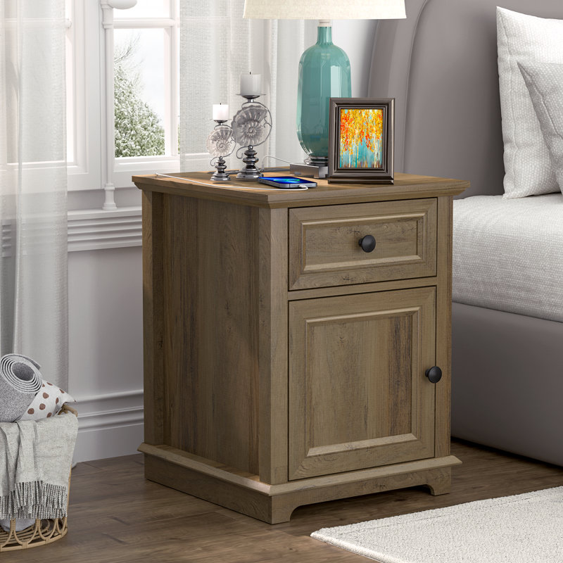 Vianet 24'' Tall End Table with Storage Drawer and Built-In Outlets, Light Brown