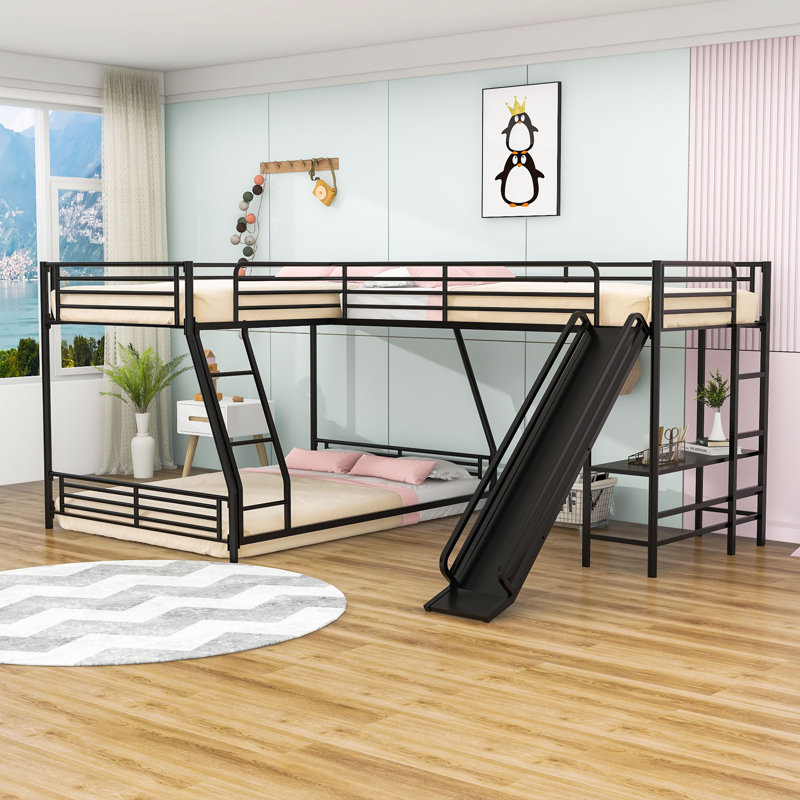 Twin and Twin over Full Bunk Bed with Desk and Slide