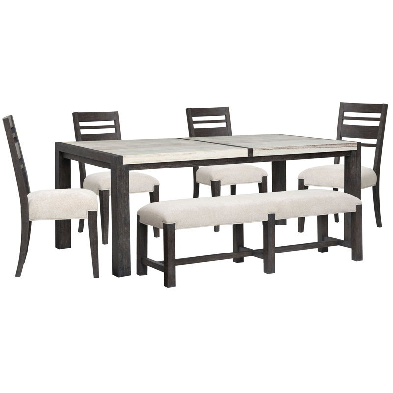 Rectangular Dining Table With 4 Side Chairs And Bench, 6 Pcs: Table, 4 Chairs, Bench