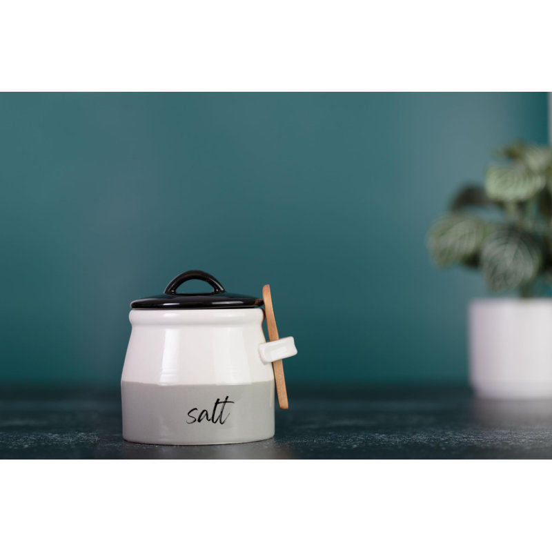 Salt Cellar With Lid And Spoon (10 Oz) - Handmade Salt Keeper W/Wooden Spoon - Ceramic Salt Container With Lid - Stylish Salt Storage Container