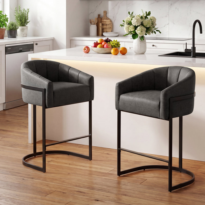 Sistrunk Modern Upholstered Bar Stools With Tufted Curved Back, Black