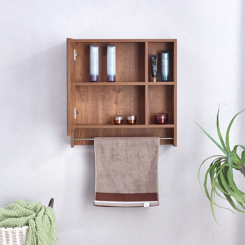 Armoire de salle de bain à miroir murale avec rangement et porte-serviettes pour optimiser et organiser l'espace, Noyer
