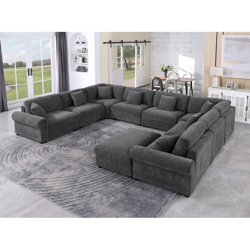 Modular Large 9 Seats Roller Arms Nailheads Cloud Couch Chenille Corner Sectional Sofa With Ottoman