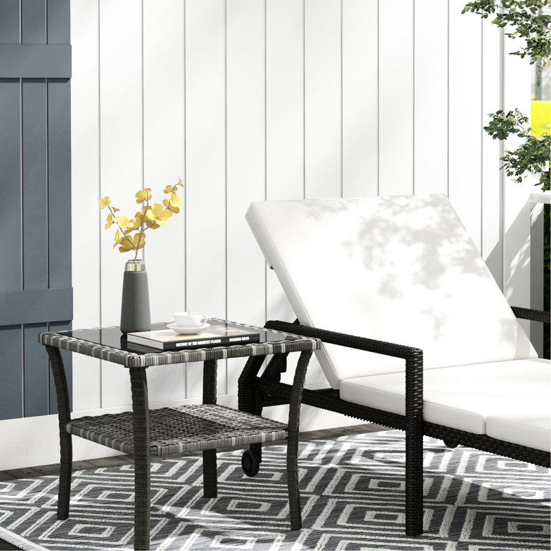 Table d'extérieur en verre trempé gris, tablette de rangement, cadre en aluminium à 2 extrémités carrées
