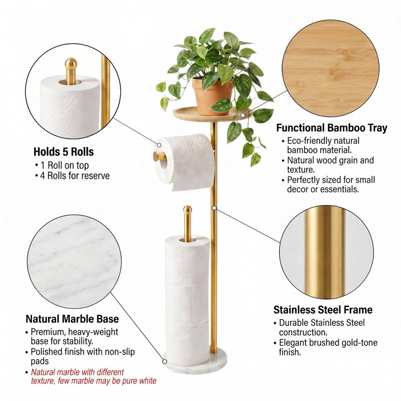 Porte-papier hygiénique doré avec plateau, base en marbre et rangement à 5 rouleaux