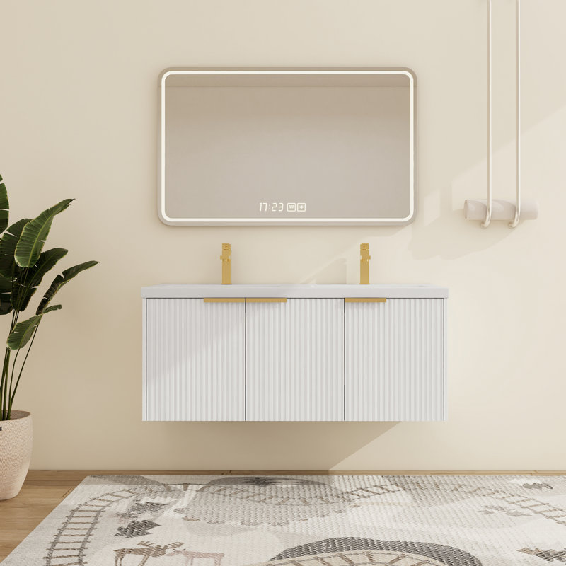 Meuble-lavabo double mural 48 po avec plateau en résine Farnor, Blanc, 48"