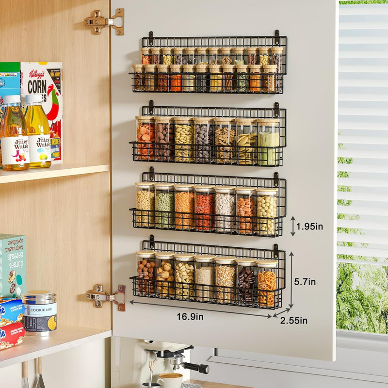 Étagère à épices à 4 niveaux à suspendre au mur en fer noir empilable, idéale pour la cuisine et le garde-manger.