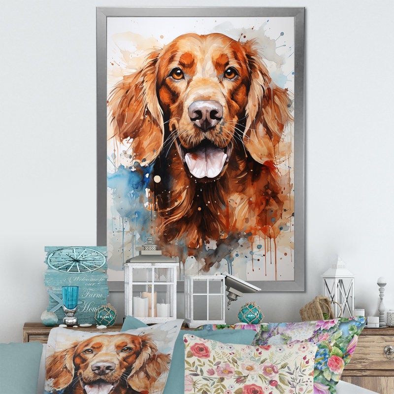 «Dog Irish Setter Impressions III», reproduction sur toile, H 44 po x l 34 po x P 1,5 po, Cadre simple argenté