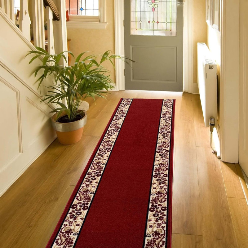 Custom Length Runner Rug And Stair Runner 26'' Wide Choose Your Length Flower Border Design Red Colour