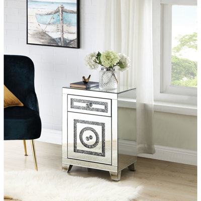 Elegant Mirrored Accent Table Adorned With Faux Diamonds - 2 Storage Drawers, 46Lb Weight Diamonds, Sleek & Graceful, Silver