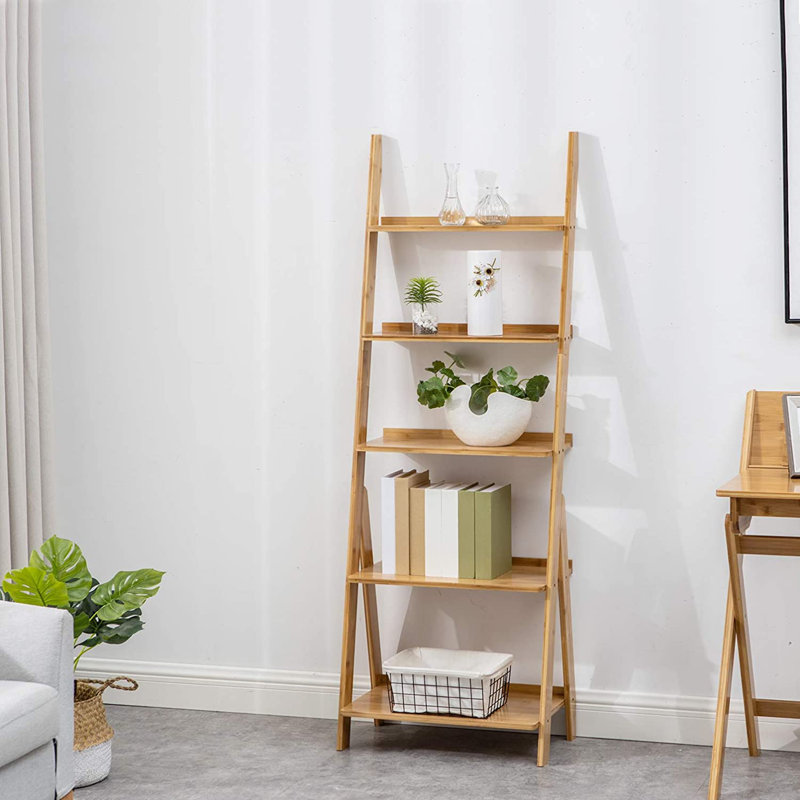 Elberta Bamboo Ladder Bookcases Ladder Bookshelf Storage Rack Flower Plant Stand Shelf Organizer Display Shelf, Light Brown