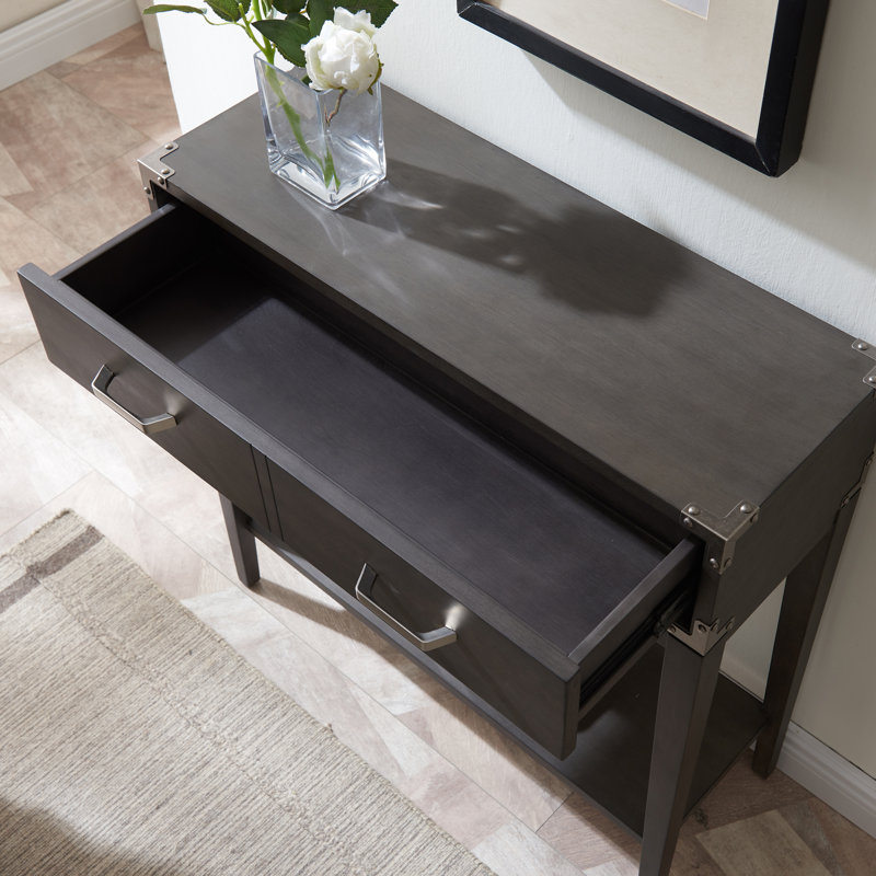 Tiny Gray Wood and Pewter Hallway Table with Storage