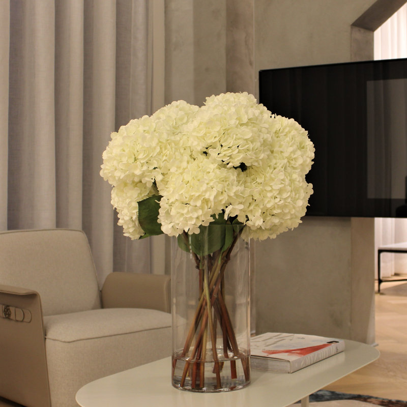 White Hydrangeas In Clear Glass Cylinder Vase, White, 16" H x 18" W x 18" D