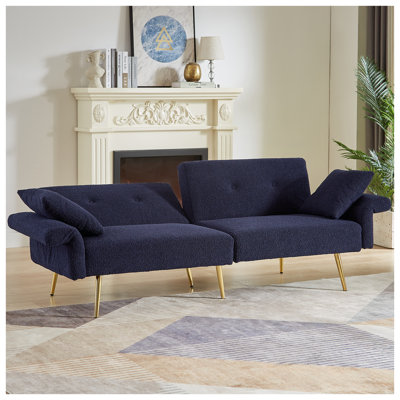 Canapé deux places moderne bleu foncé, recouvert de tissu Teddy, avec dossier réglable et accoudoirs pliables