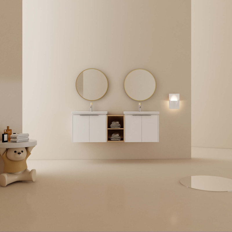 Meuble-lavabo à fermeture en douceur 60 po avec lavabo et petites tablettes de rangement