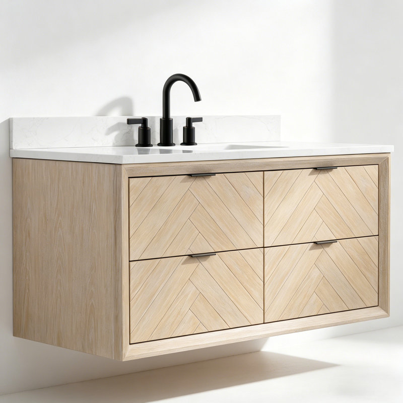 Meuble-lavabo flottant transitionnel en chêne naturel 48 po avec plateau en marbre d'ingénierie de 1 po, Chêne blanc délavé