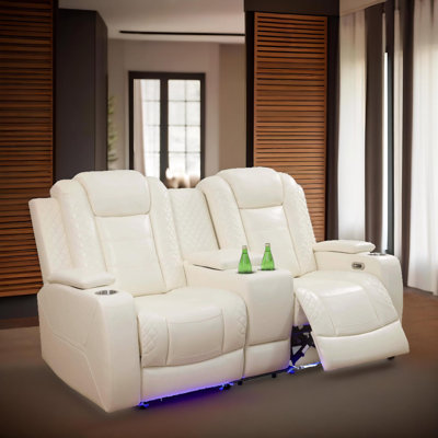 Solace  White Vegan Leather  Reclining  Loveseat With Cup-Holders And LED Lights