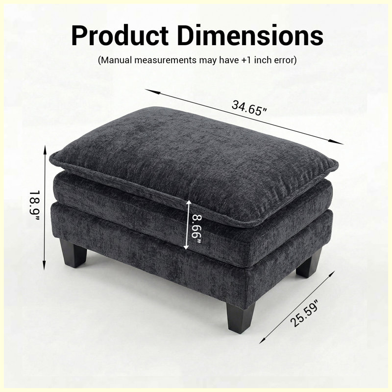 Repose-pieds rectangulaire rectangulaire en chenille noir, tabouret rembourré moderne et table basse pour le salon, la chambre à coucher
