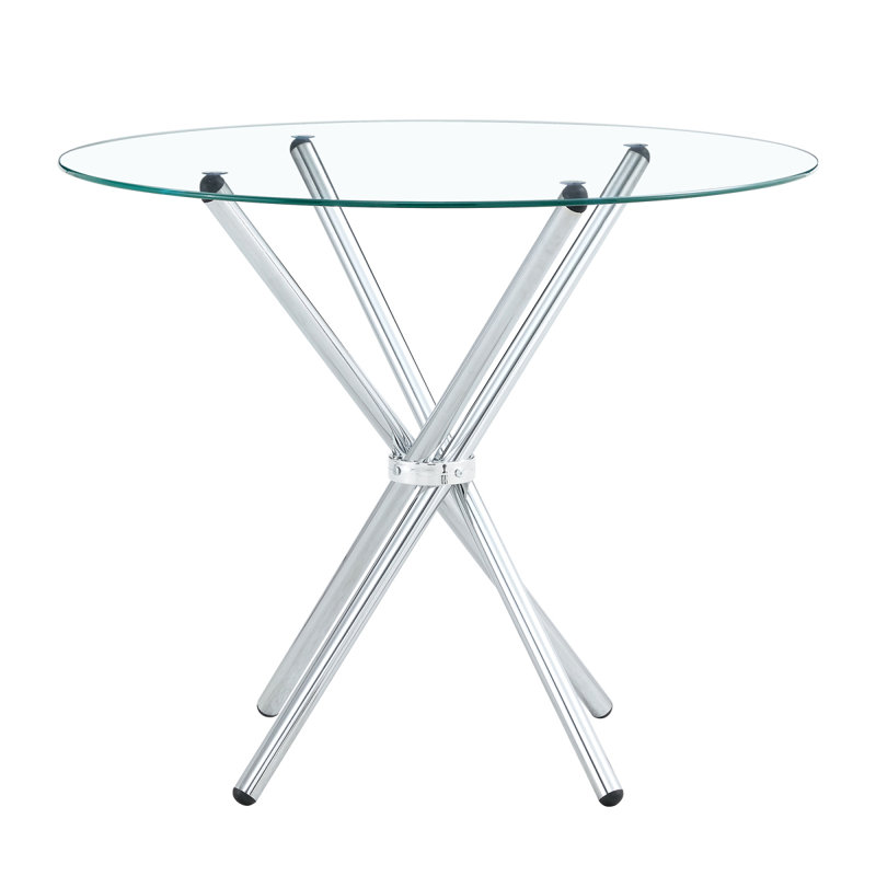Table de salle à manger ronde en verre transparent avec une forme unique pour 4 à 6 personnes, avec des pieds en métal froncés en forme d'anneau, convenant aux bureaux, aux cuisines, aux terrasses et aux salles à manger. W1151P208336