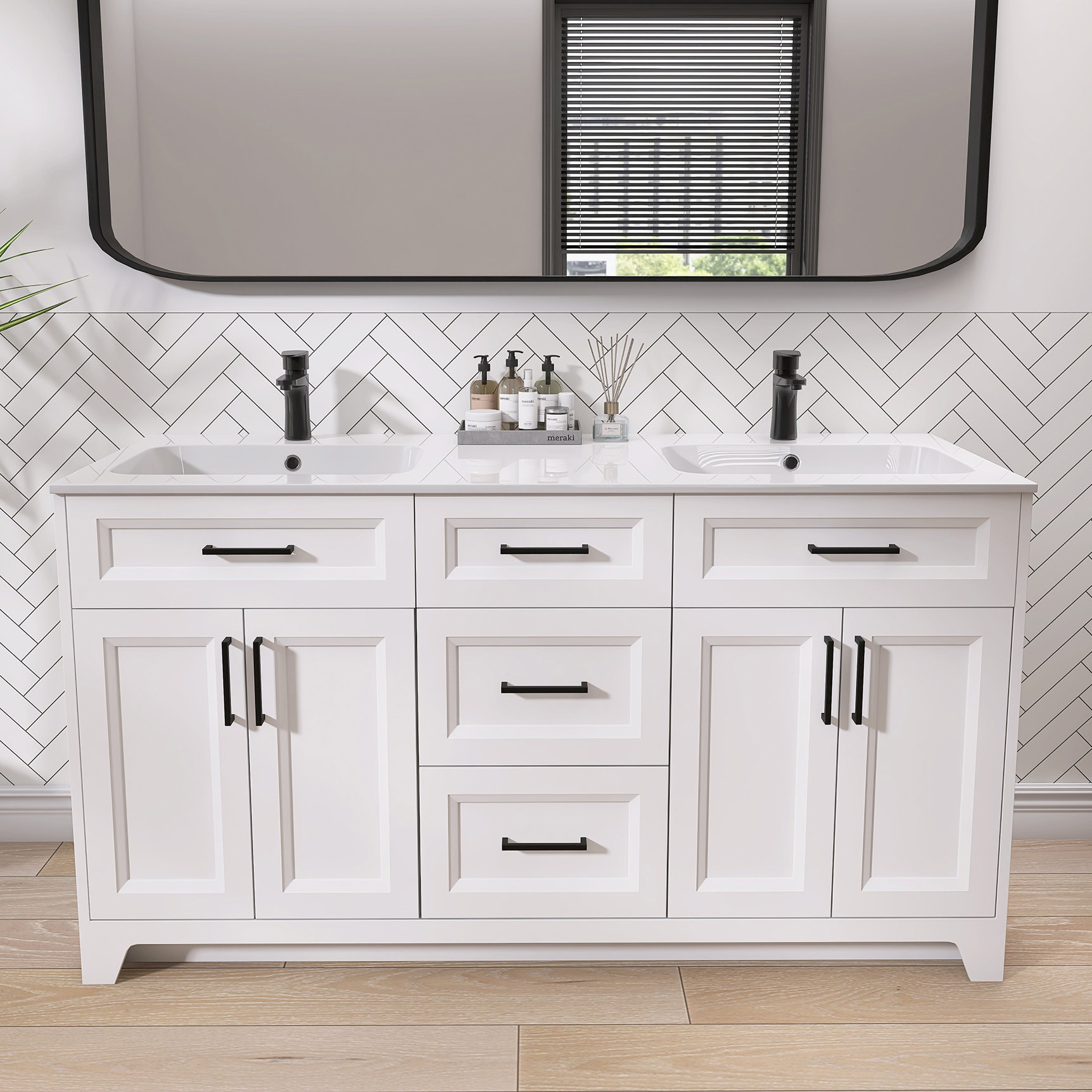 ZEAFIVE Solid Wood 60 Inch Freestanding Bathroom Vanity With Double