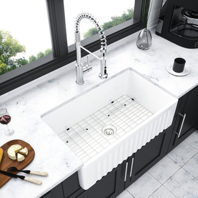 White 30 Inch Apron - Front Ceramic Reversible Single Bowl Kitchen Sink, Easy To Wash Surface, 304 Stainless Steel Dish Grid And Basket Strainer,