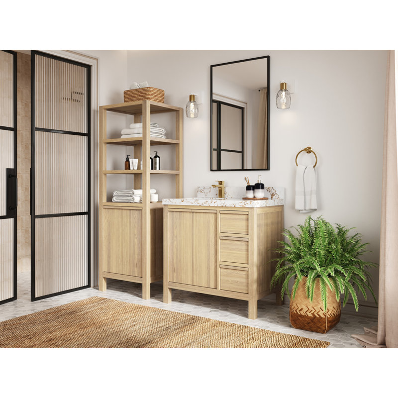 Elizabeth White Oak 36 In. W X 22 In. D Left Offset Sink Bathroom Vanity With 2 In. Piatra Grey Quartz, Berkshire Brass