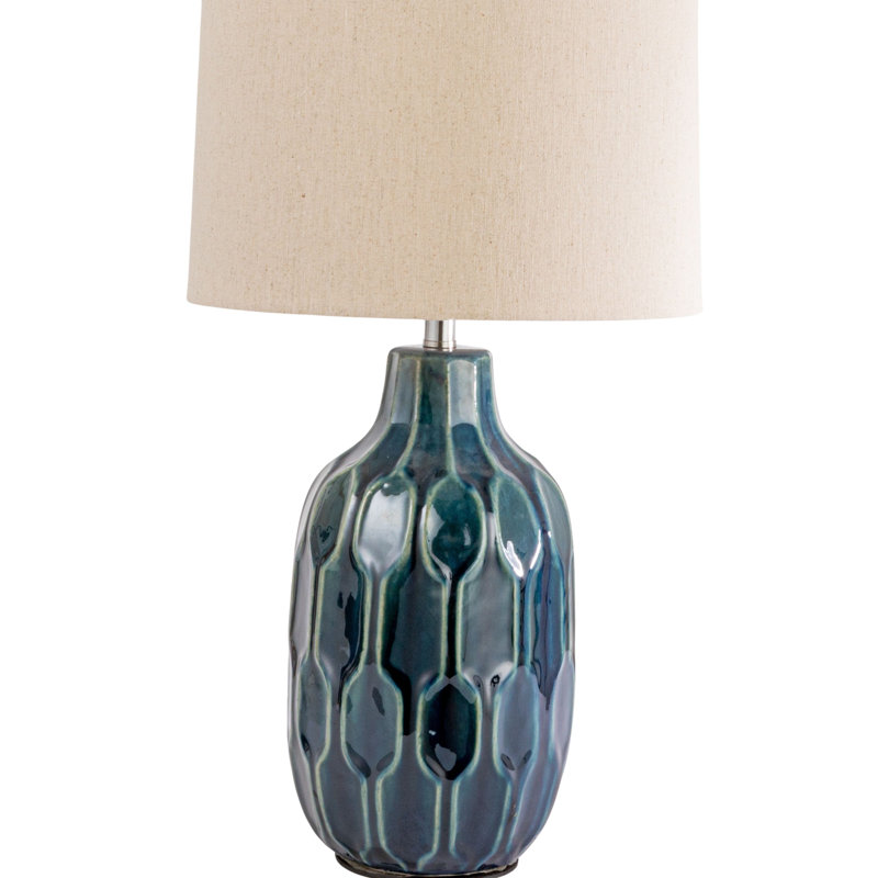 Embossed Ceramic Table Lamp With Linen Shade, Inline Switch And Reactive Glaze