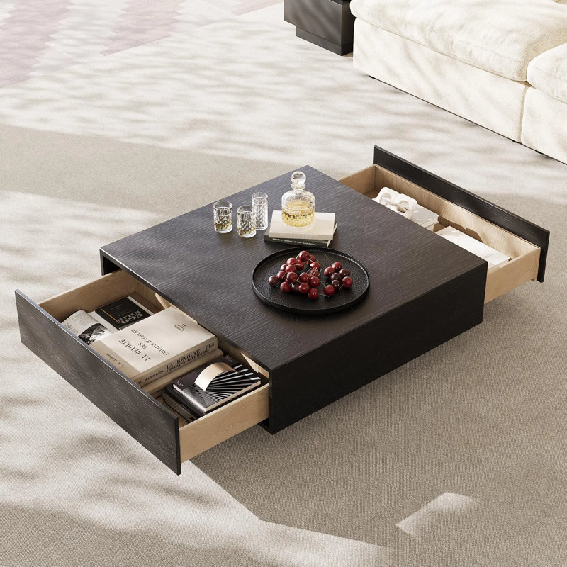  Fully Assembled 2-Drawer Square Coffee Table, Black, 13.78" H x 35.43" L x 35.43" W
