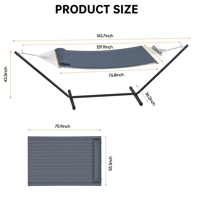 2-Person Outdoor Hammock with Iron Frame Stand, Portable and Lightweight, 475Lb Capacity, Durable Polyester Net Bag and Quilted Cotton Rope Cushion, Perfect for Garden, Camping, and Relaxation