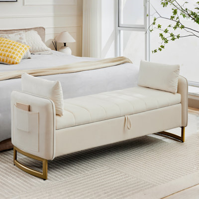 66"W Upholstered Flip Top Velvet Storage Bench with Gold Legs and 2 Pillows