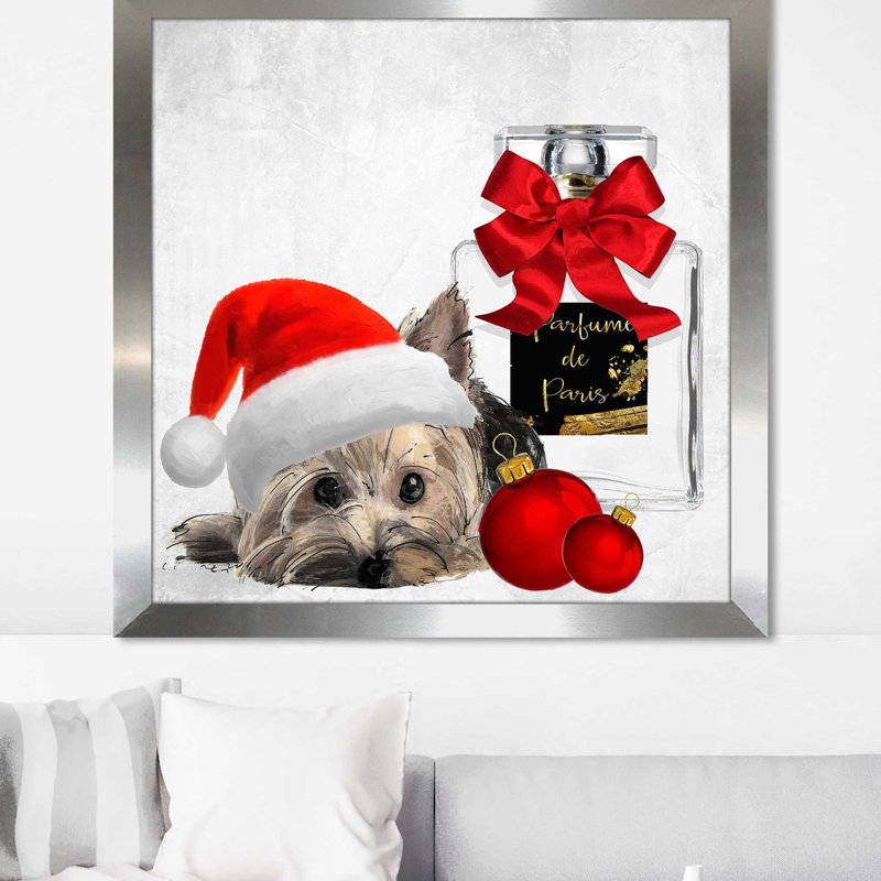«Christmas Holiday Yorkie (Square)» par By Jodi - impression, H 31,5 po x l 31,5 po x P 1 po, Encadrement argenté