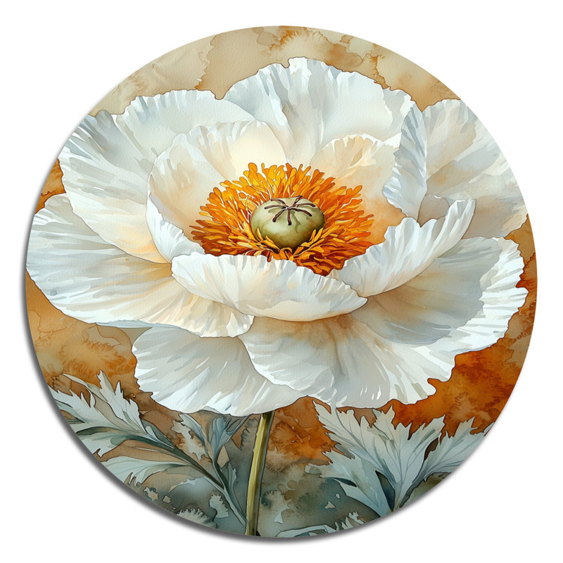 Pivoine blanche fleur de tranquillité - coquelicots ronds, impression sur métal blanc traditionnel, H 16 po x l 16 po