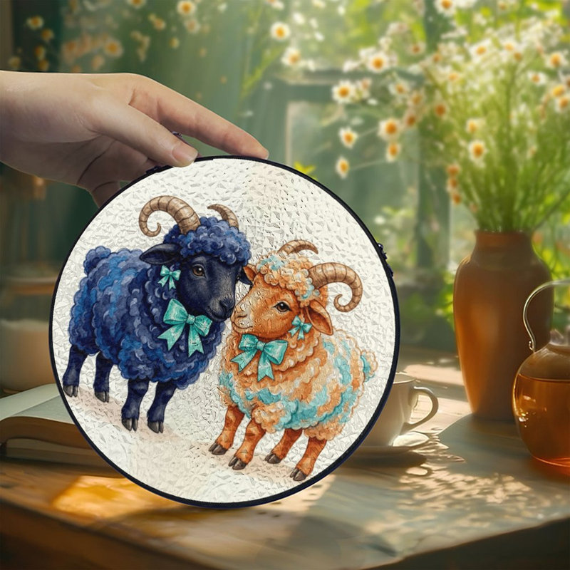 Panneau rond en vitrail représentant un mouton pelucheux, attrape-soleil pour la décoration de fenêtre